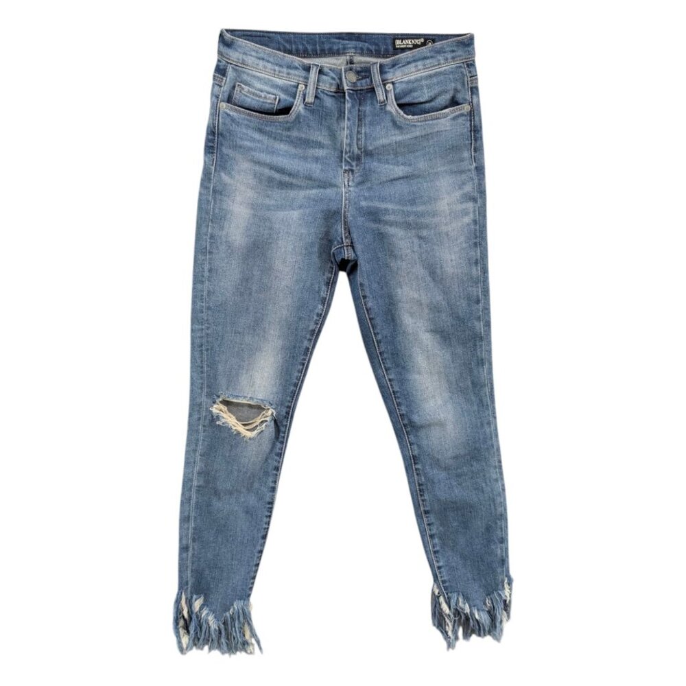 Blank NYC Great Jones High Rise Jeans Womens Blue Distressed Ripped Fringe Sz 28